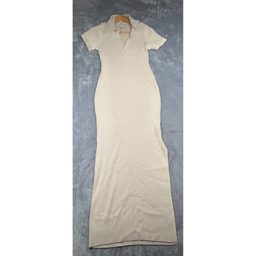 Joie Bodycon Maxi Dress Womens Large Beige Ribbed Side Slit Collared Minimalist